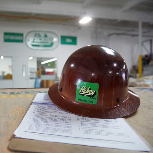 photo of hard hat with Hickey logo